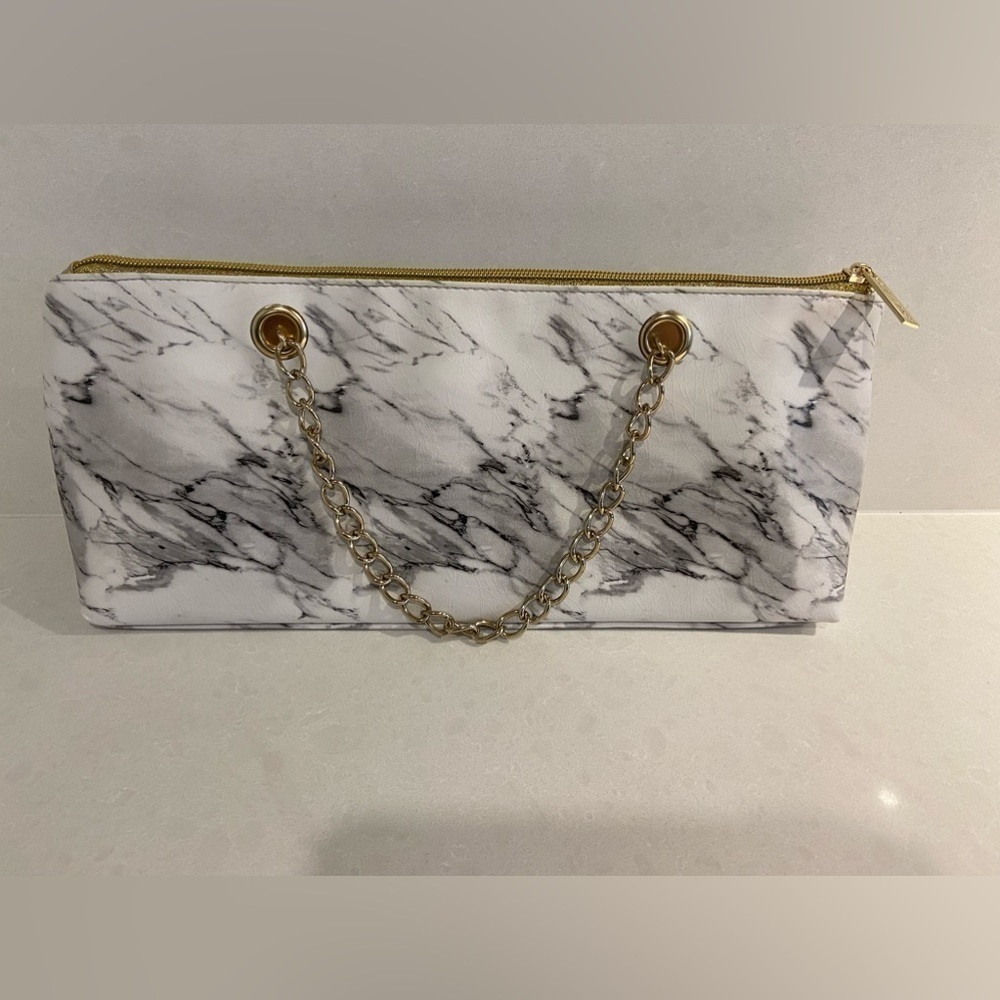 Contemporary Iceware Marble Insulated Wine Tote Vegan Leather Gold Chain